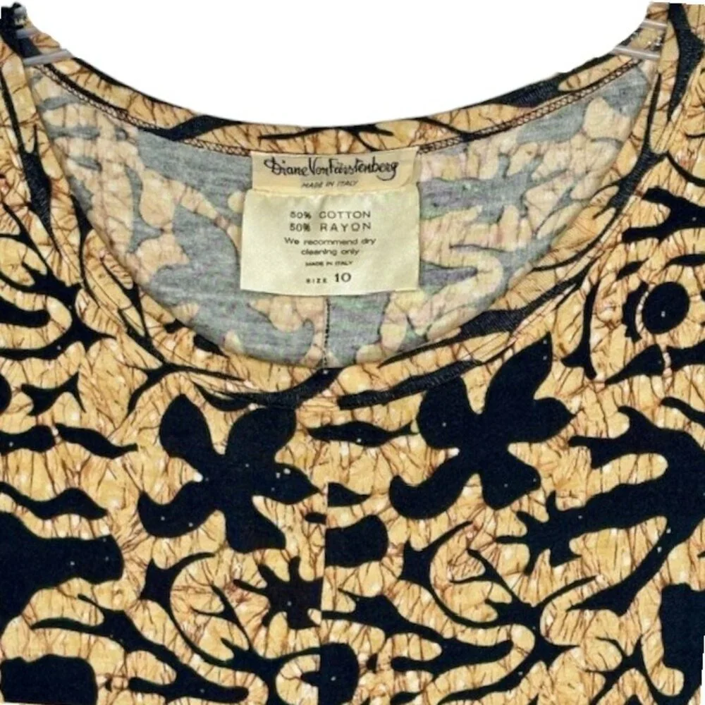Diane Von Furstenberg A-Line Midi Dress Italy Vintage Batik - Black/Maize - 10